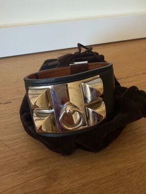 HERMES TORQUE Black Leather Cuff Bracelet with Silver Pyramid Hardware